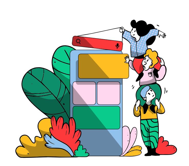 Illustration of a team collaborating around a mobile workspace