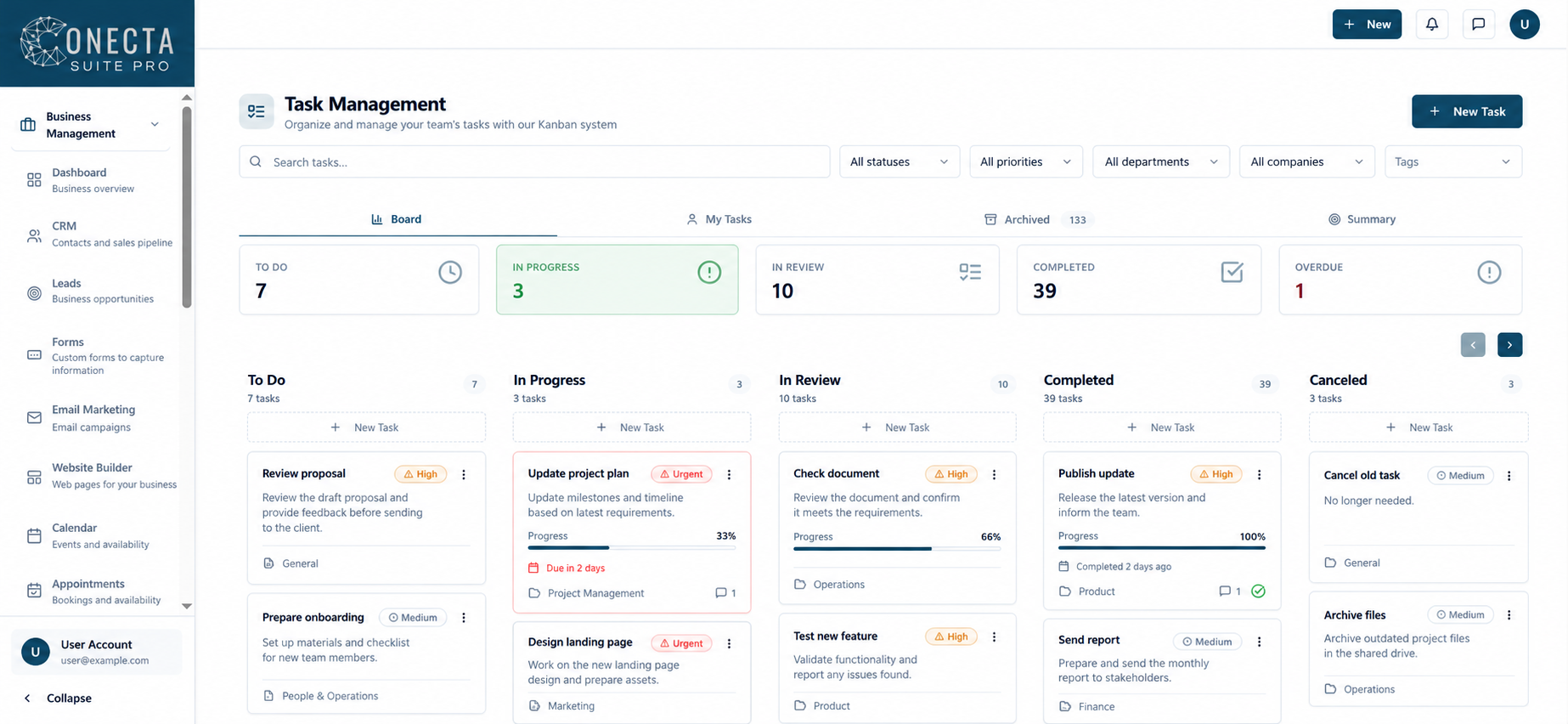Privacy-safe Conecta Suite Pro task board preview with Kanban columns